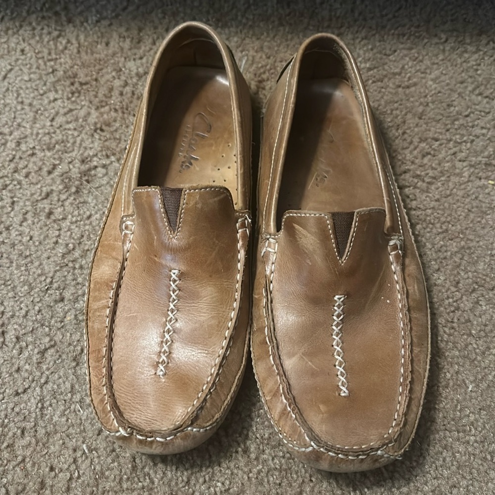 Rare CLARKS ENGLAND Mansel Tan Leather Slip On Driving Loafer Shoe, Size 9M